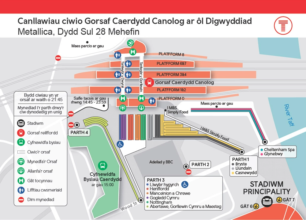 Canllawiau ciwio gorsaf Caerdydd Canolog ar ôl digwyddiad