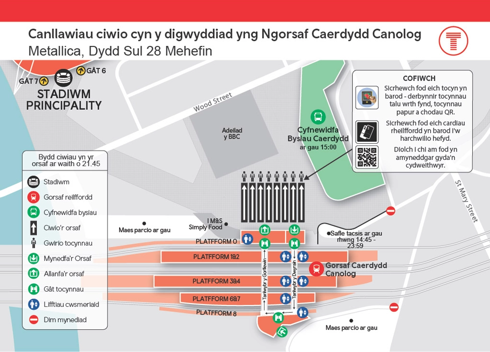 Canllawiau ciwio cyn y digwyddiad yng ngorsaf Caerdydd Canolog