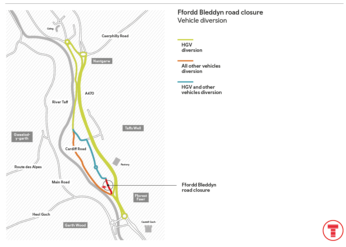 Map of the Ffordd Bleddyn road closure vehicle diversion, please contact customer.relations@tfwrail.wales if you need any help