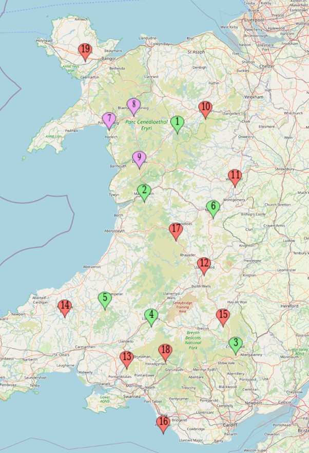 Map of Wales, with EV charging points marked