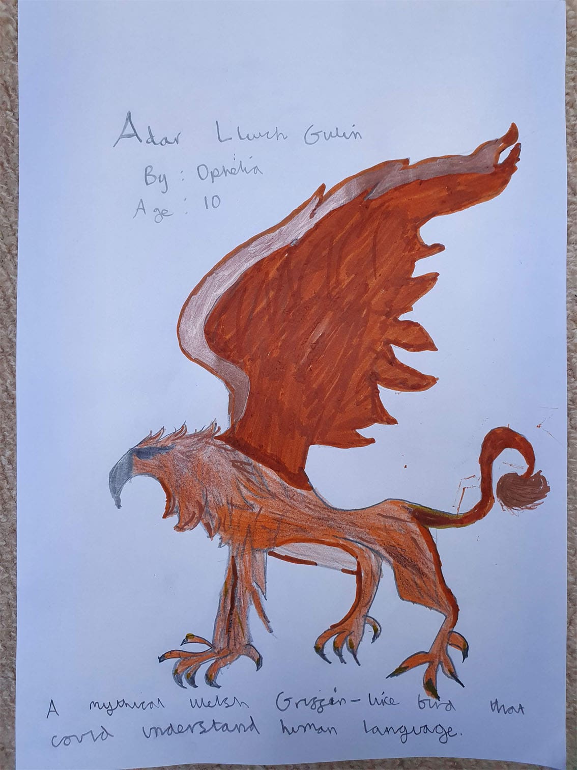 Adar Llwch Gwin named by Ophelia