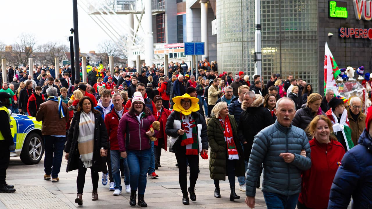 Supporters attending a Wales rugby game in Cardiff