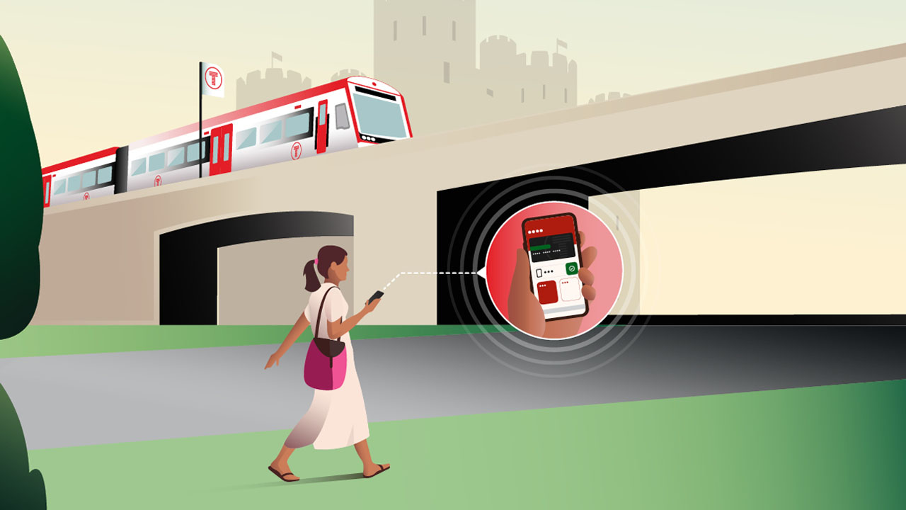 Illustration of a woman walking with a phone that is displaying the TfW app