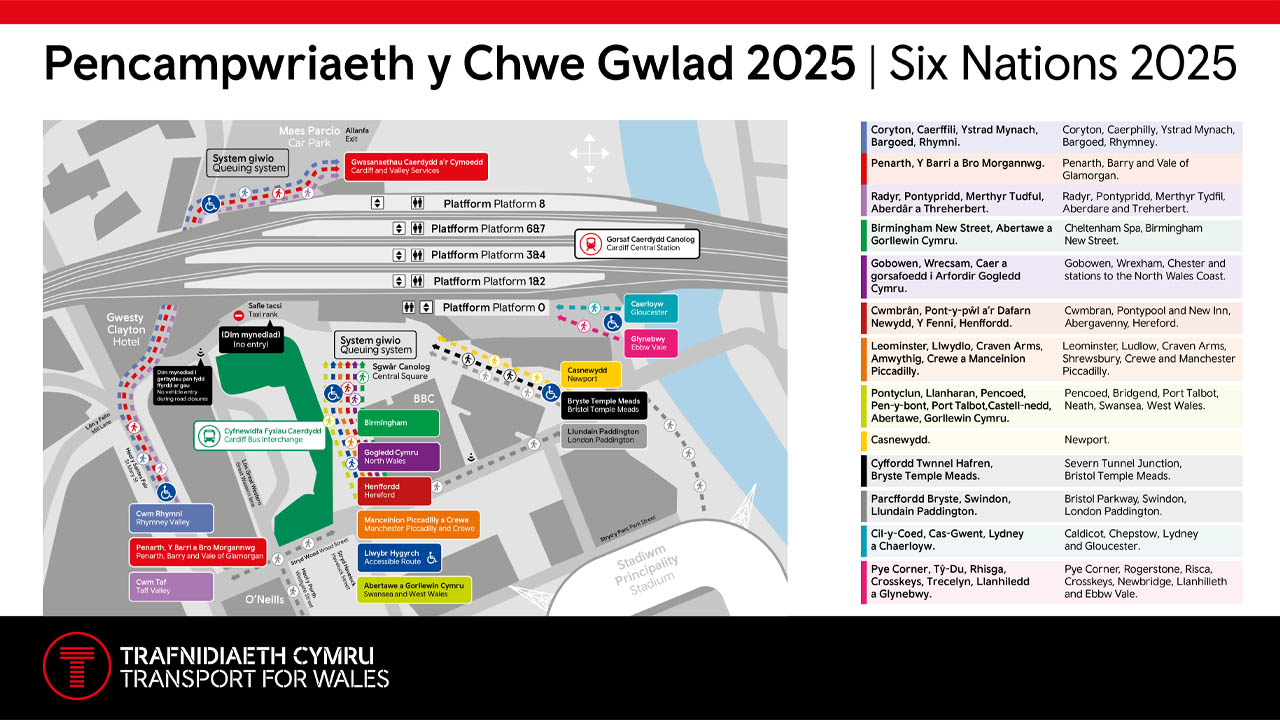 Map ciw gorsaf drenau Caerdydd Canolog | Cardiff Central queue map