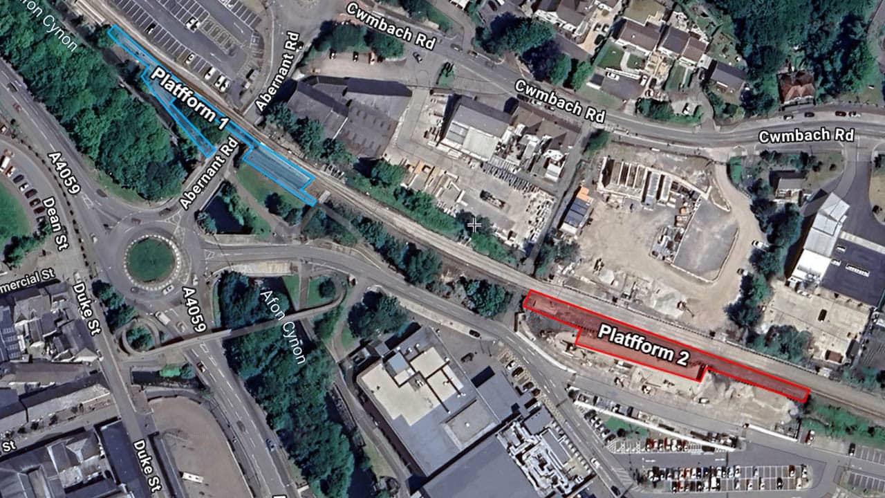 Map o'r platfform newydd yng ngorsaf Aberdâr
