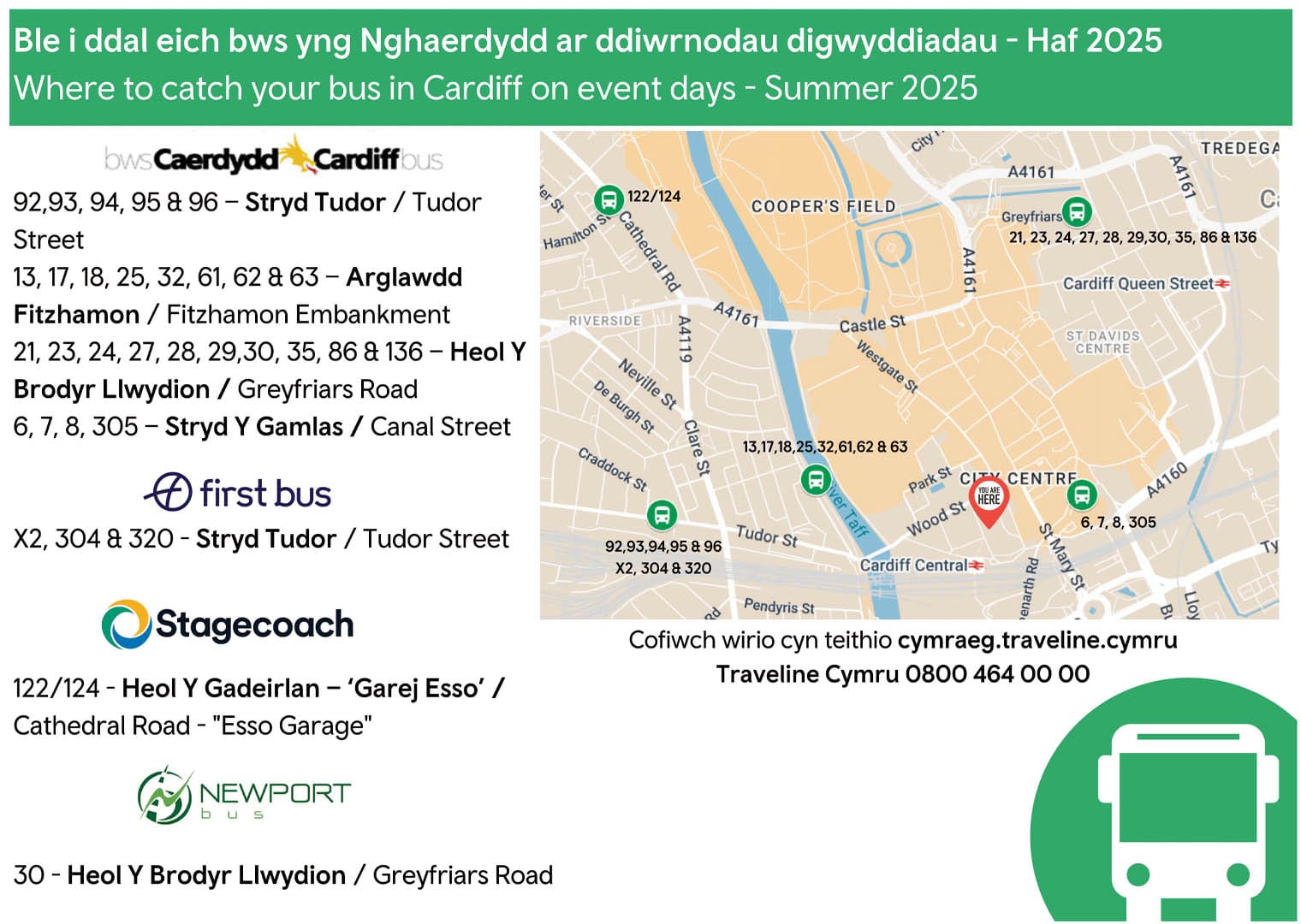 Ble i ddal eich bws yng Nghaerdydd ar ddiwrnodau digwyddiadau - Haf 2025