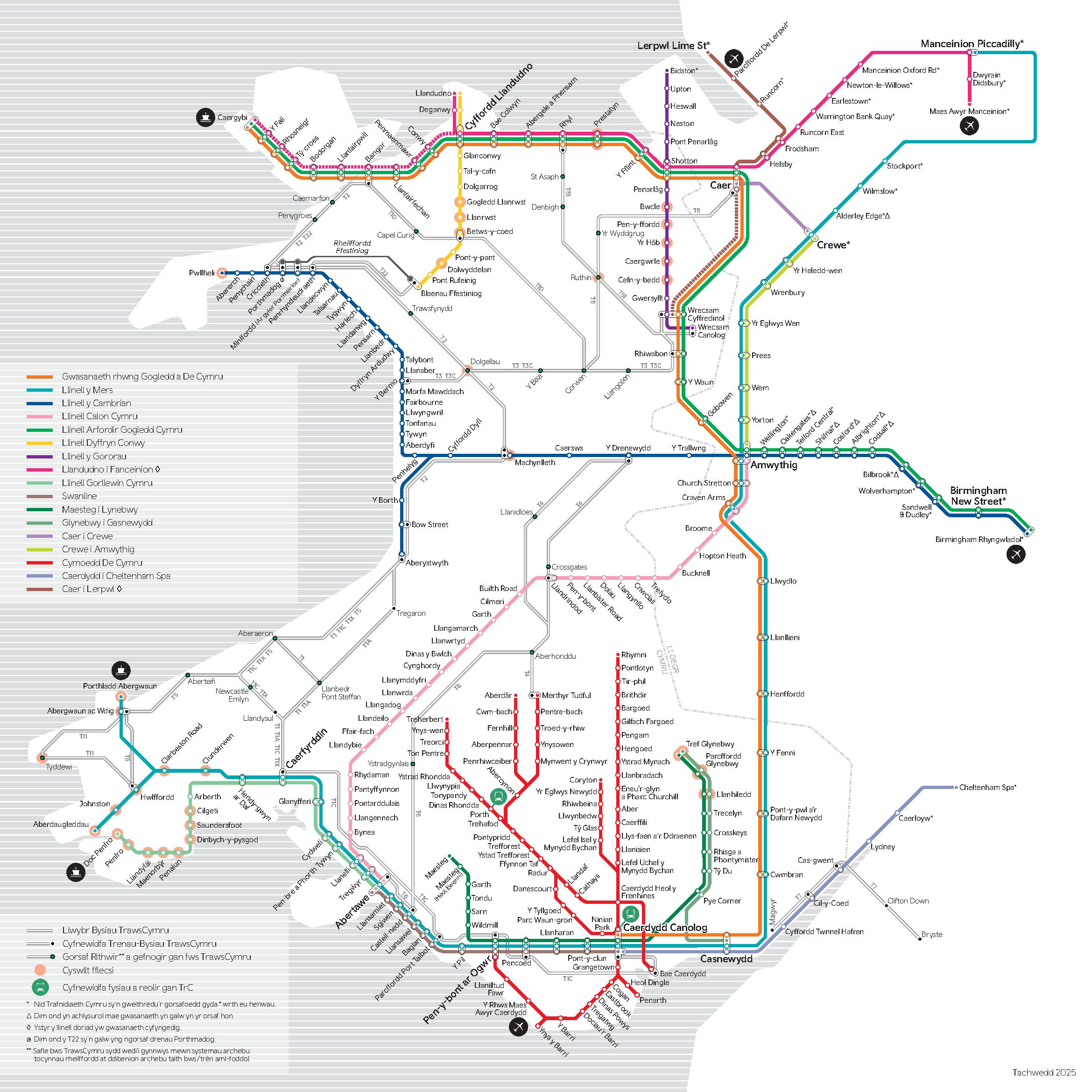 Map o rwydwaith Trafnidiaeth Cymru (TrC) gydag allwedd