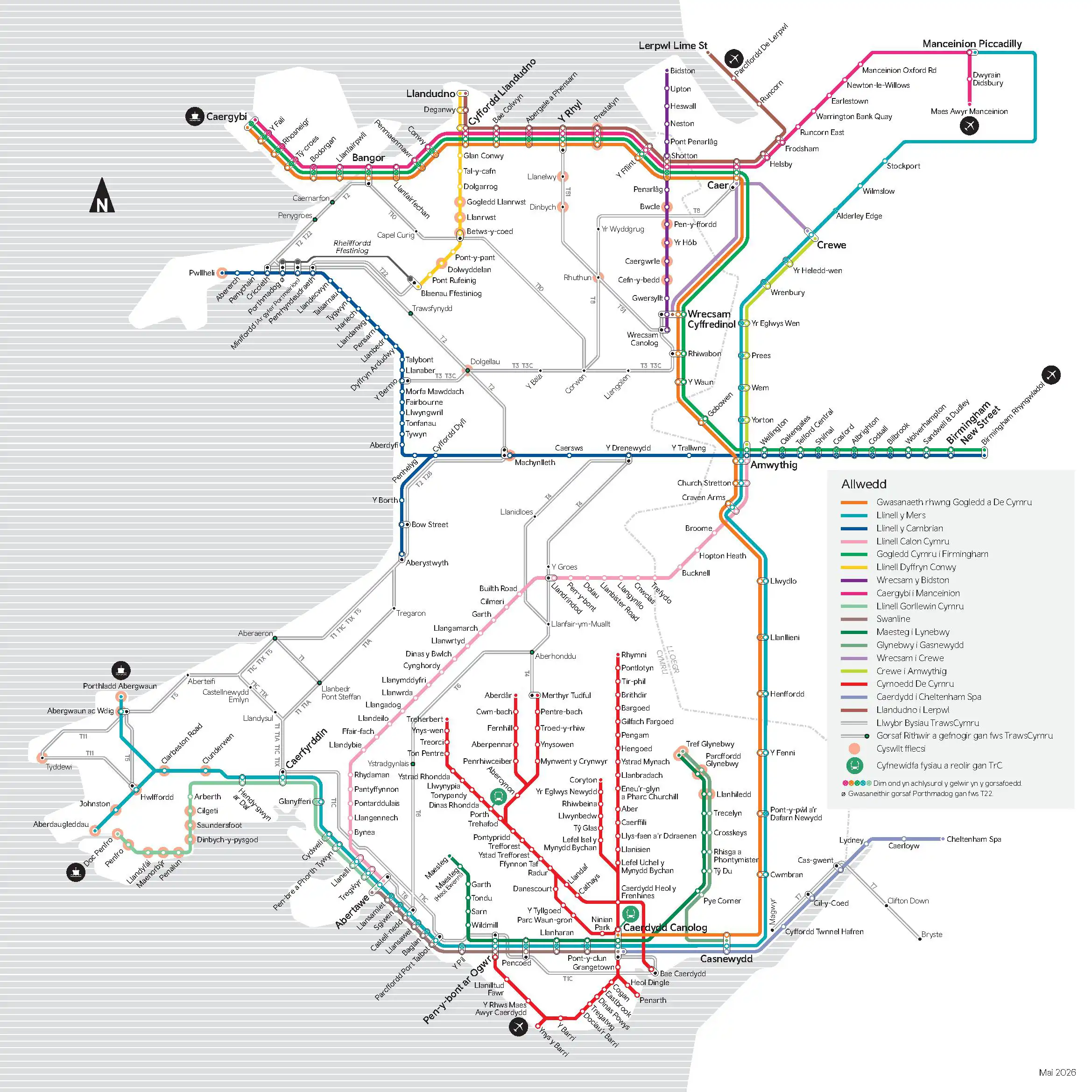 Map o rwydwaith Trafnidiaeth Cymru (TrC) gydag allwedd