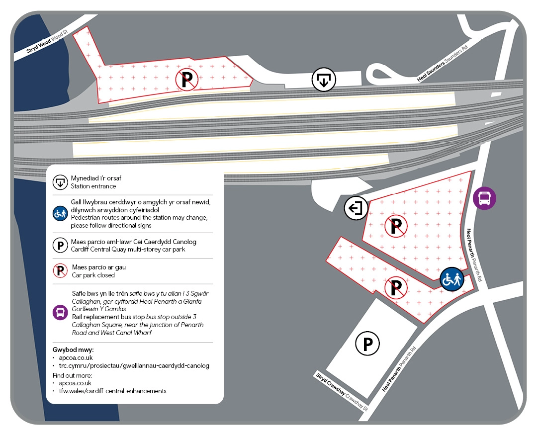 Cardiff Central station car parks map with key