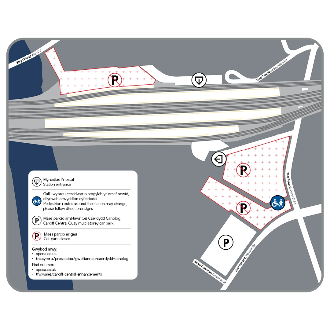 Cardiff Central station car parks map with key