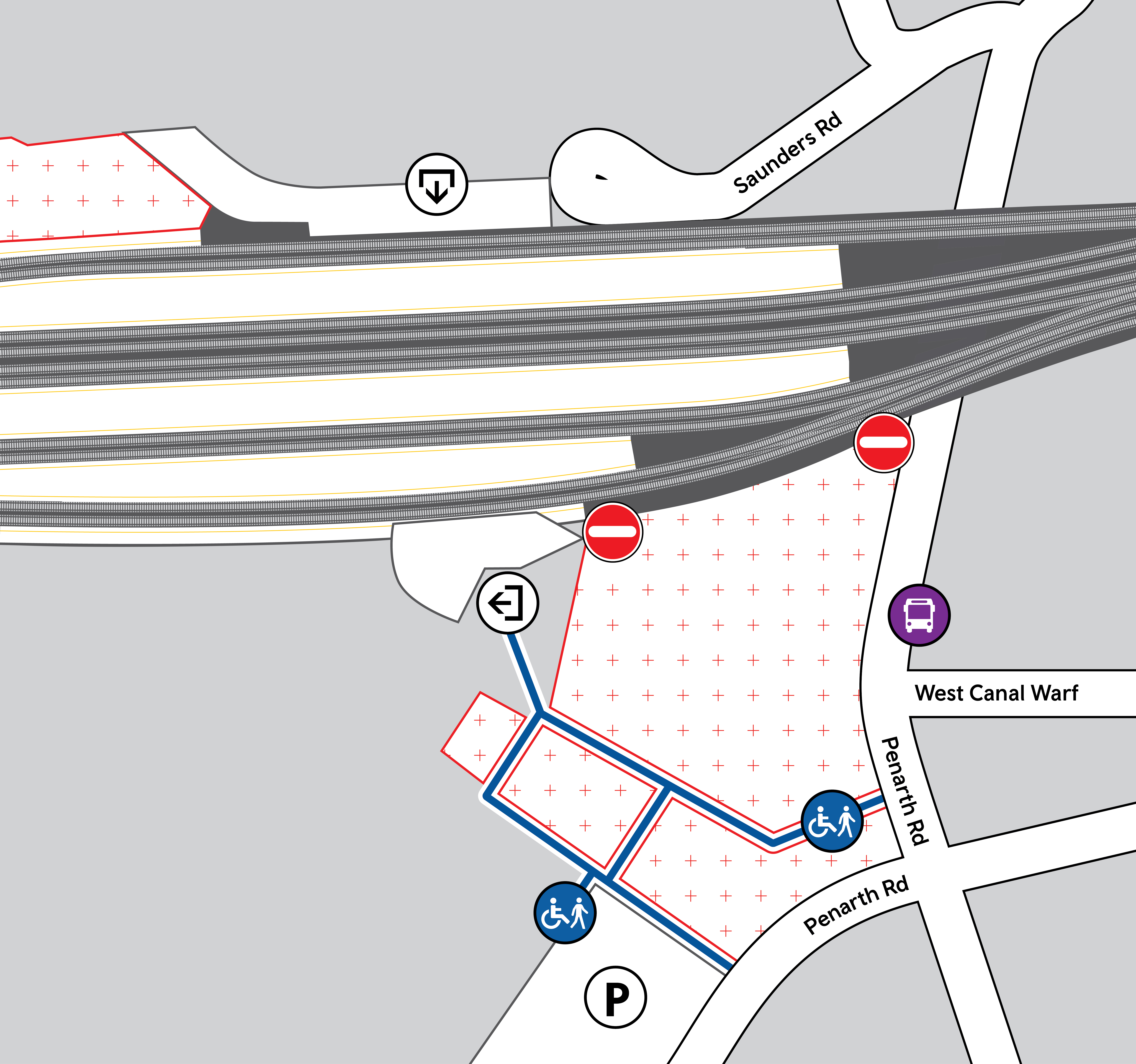 This image is a simplified route map showing the pedestrian route between the Cardiff Central Quay multi-storey car park and the southern entrance of Cardiff Central railway station. The multi-storey car park can be used for pick up and drop off for Cardiff Central station. A clearly marked pedestrian route is shown with a thick blue line. The route begins near the multi-storey car park, travels north-east around the edge of the construction works, then turns north-west towards the station. The route avoids the closed footpaths and construction areas. Blue accessibility symbols along the route show that the walkway is step-free and accessible.