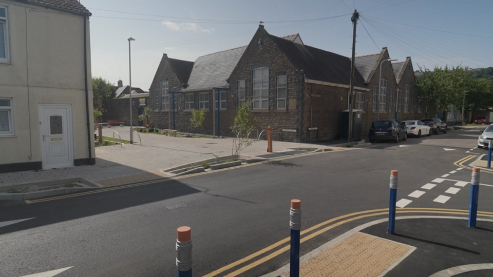 A transformed Vincent Street, Swansea outside St Helen’s Primary School.