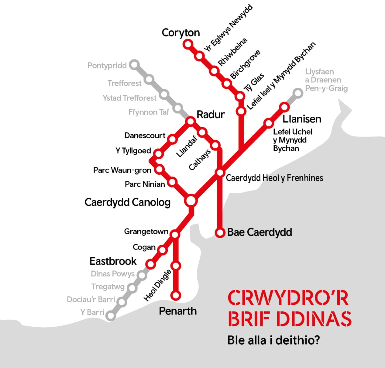 Map llwybr ar gyfer Rheilffordd Caerdydd a'r Cymoedd