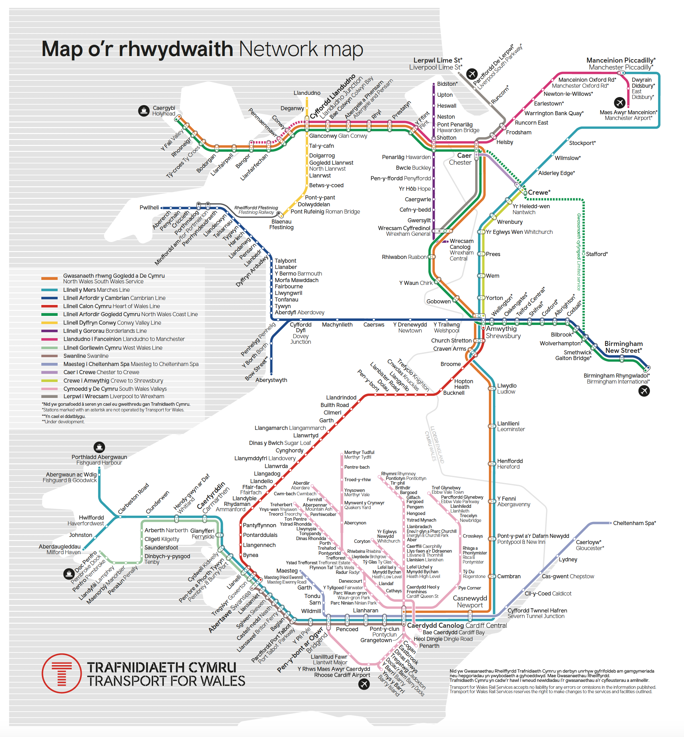 Map of the Transport for Wales (TfW) rail network
