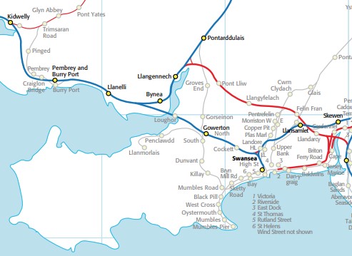 A map showing current and “lost” railway lines in the Swansea area