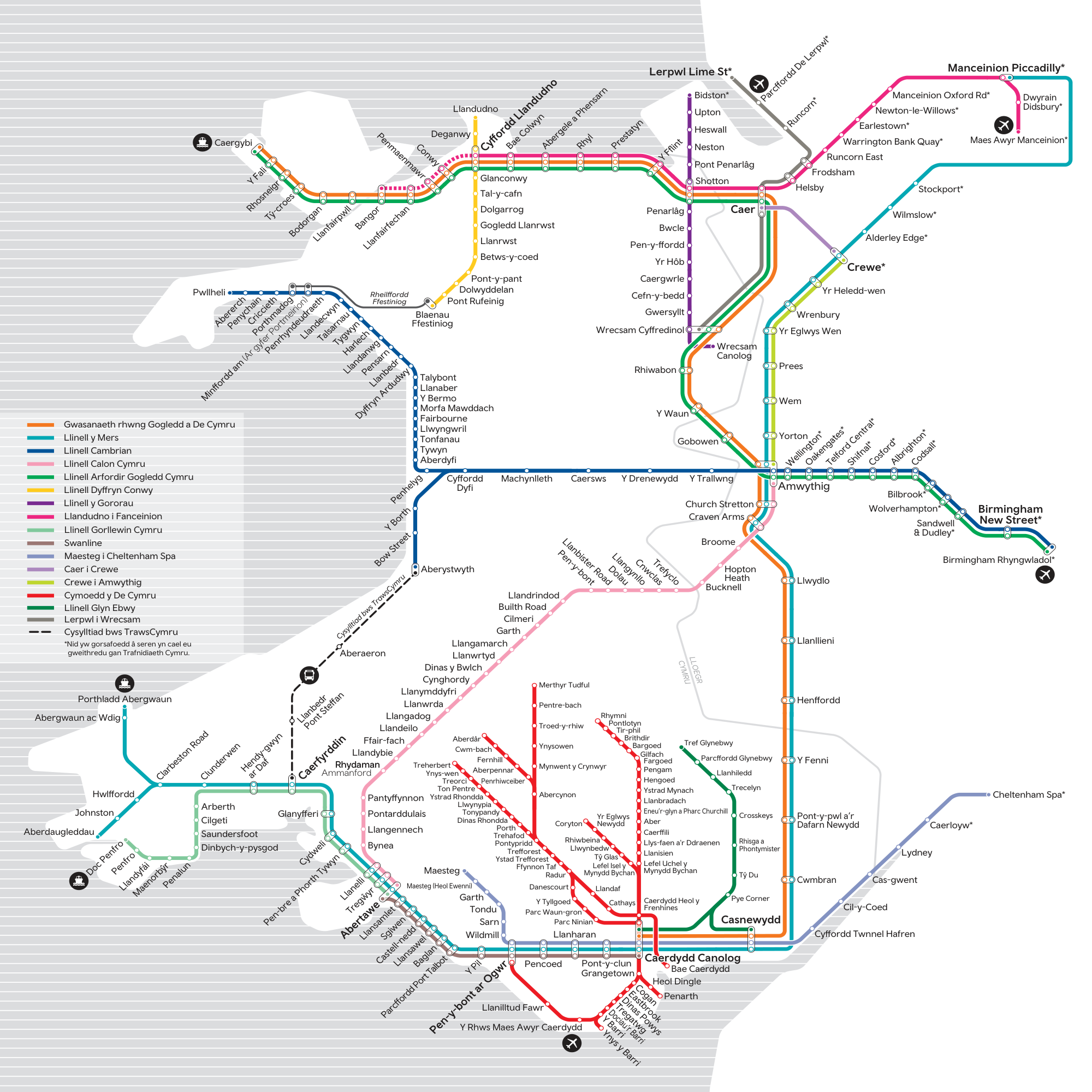 Trafnidiaeth Cymru map o’r rhwydwait