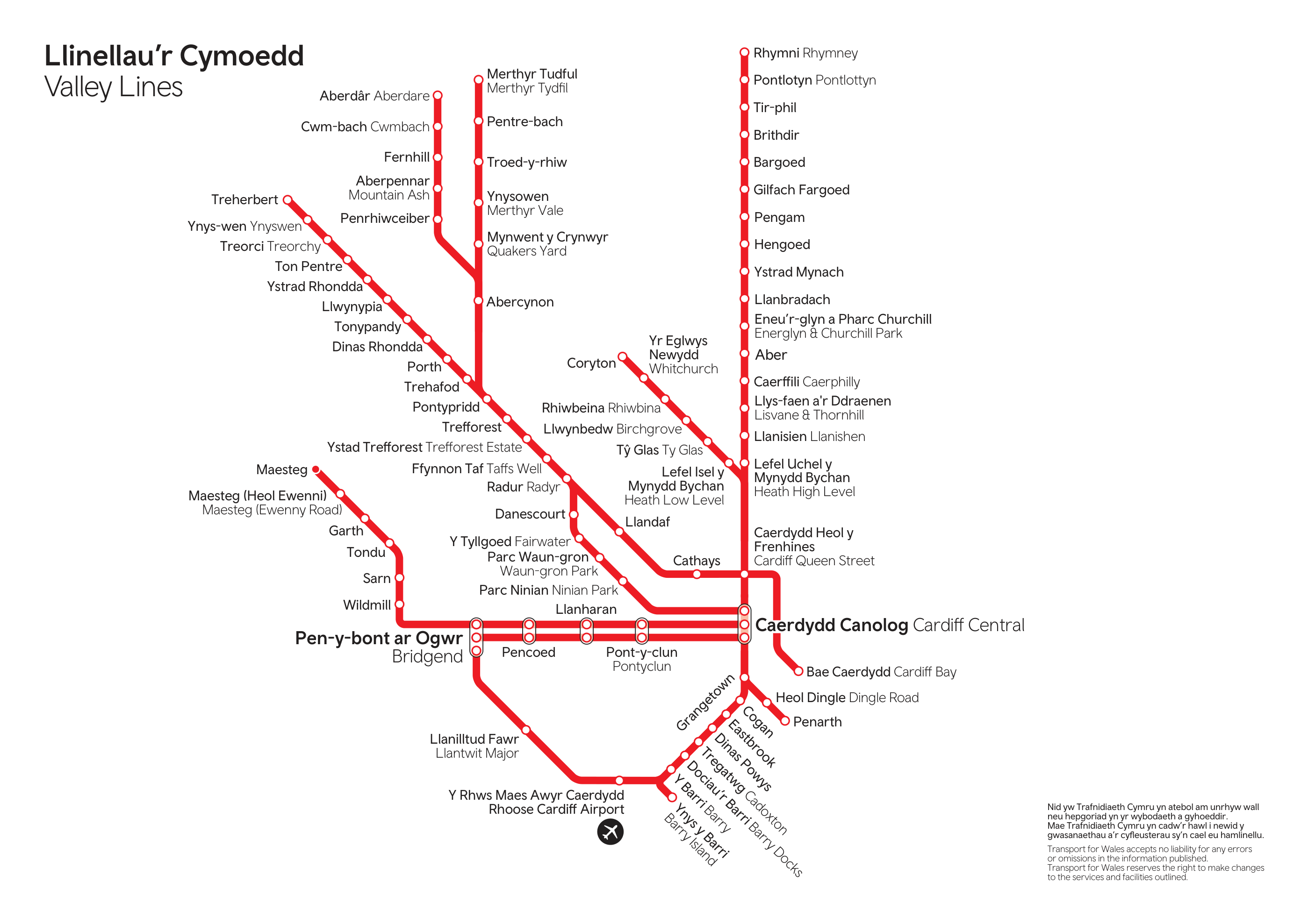 Map o reilffyrdd y cymoedd Trafnidiaeth Cymru (TrC)