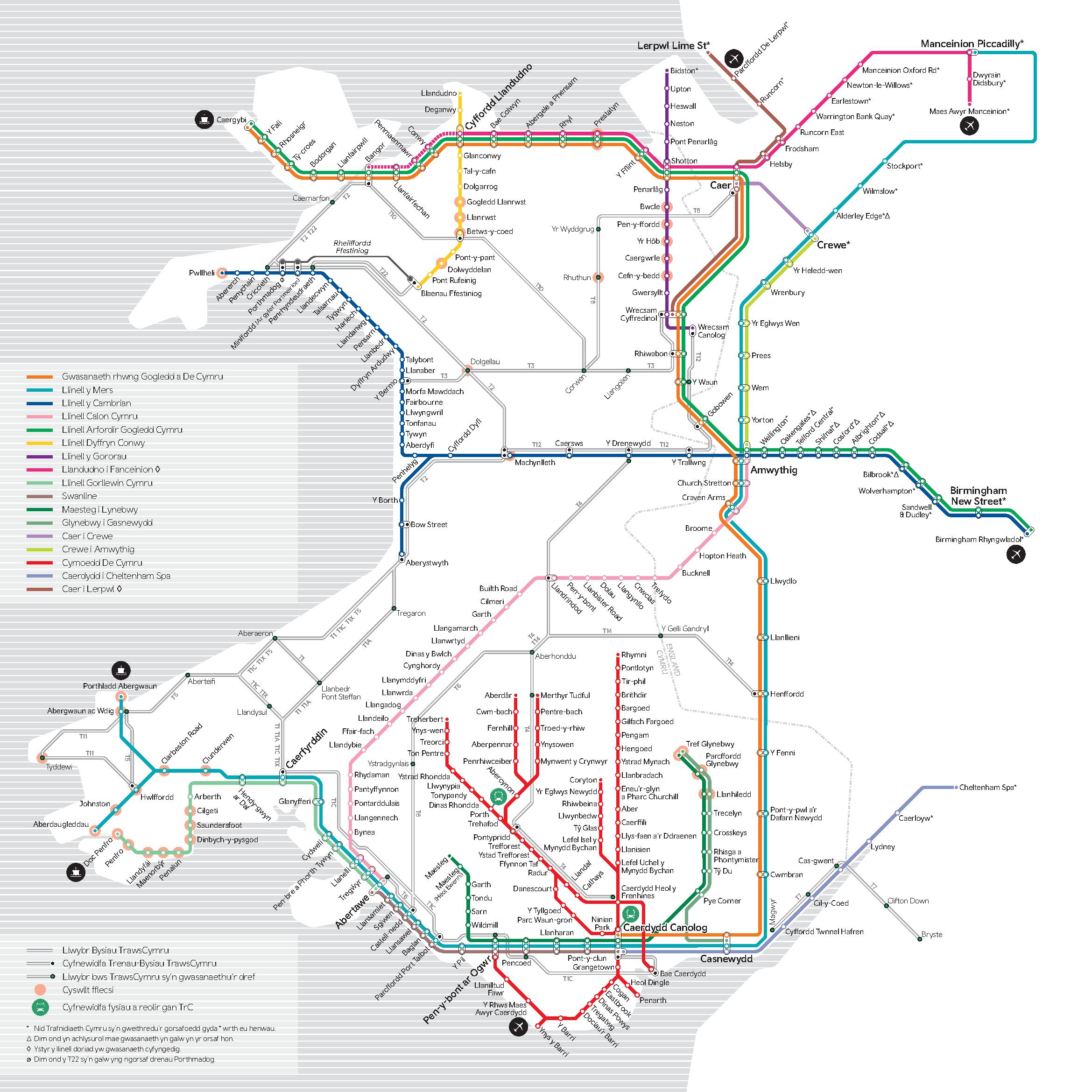 Map o rwydwaith rheilffyrdd Trafnidiaeth Cymru (TrC) gydag allwedd