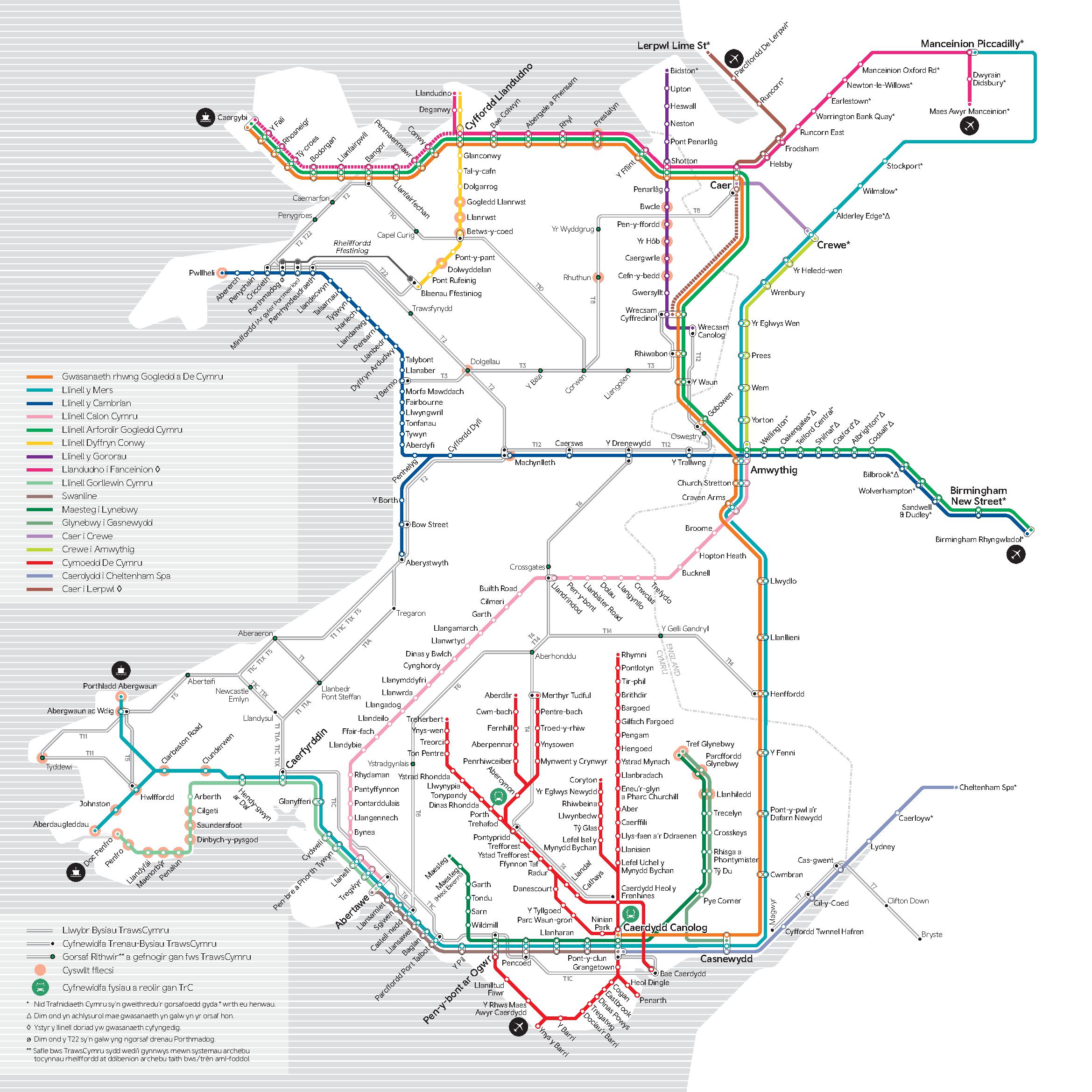 Map o rwydwaith rheilffyrdd Trafnidiaeth Cymru (TrC) gydag allwedd