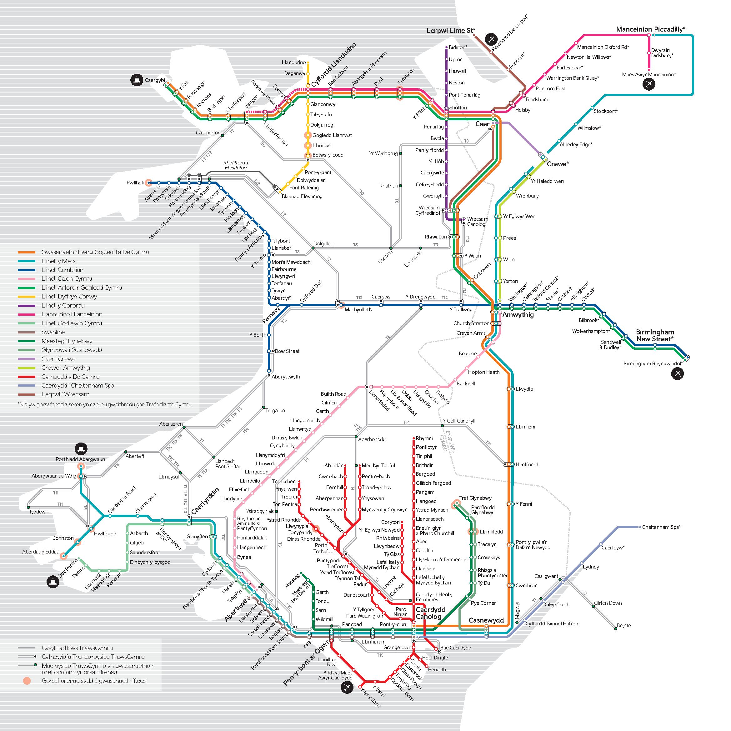 Map o rwydwaith rheilffyrdd Trafnidiaeth Cymru (TrC) gydag allwedd